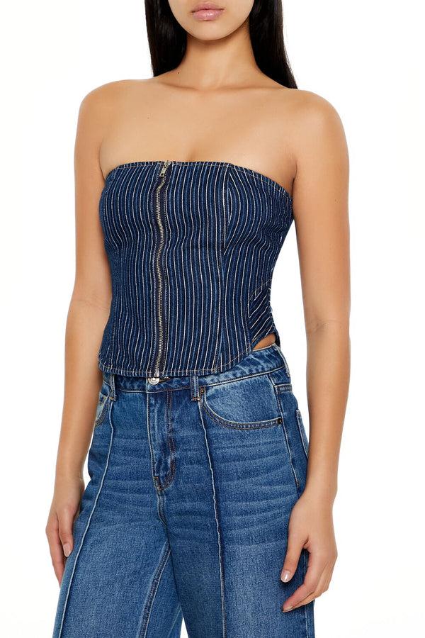 Forever 21 Striped Denim Tube Crop Top