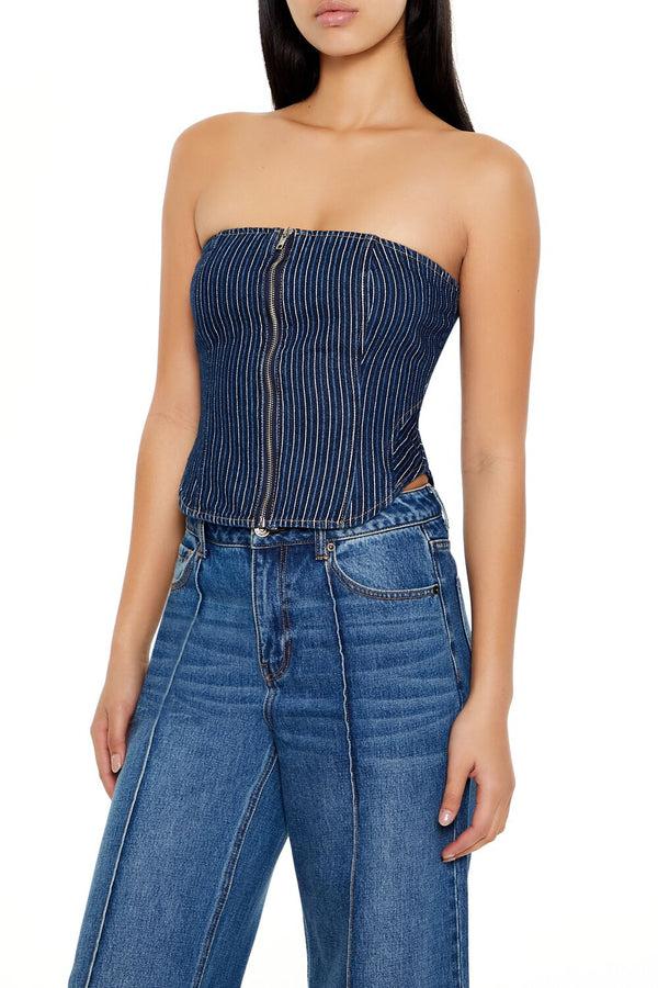 Forever 21 Striped Denim Tube Crop Top