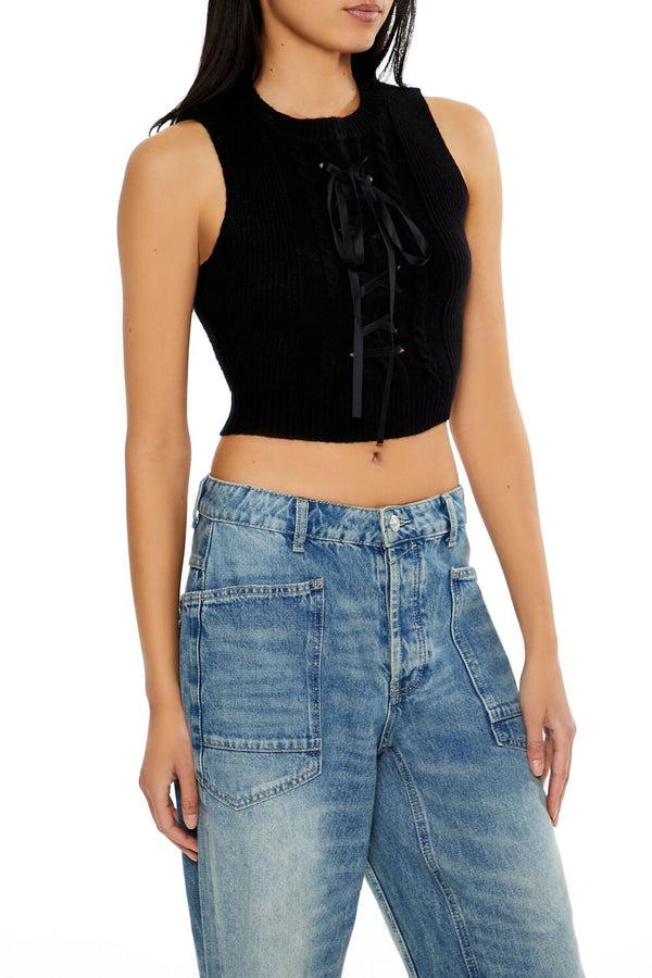 Forever 21 Sweater-Knit Lace-Up Crop Top