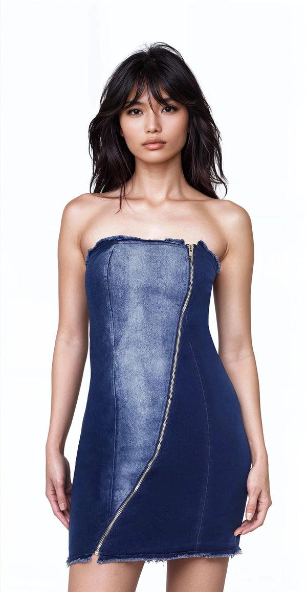 forever 21 Zip-Up Denim Tube Mini Dress