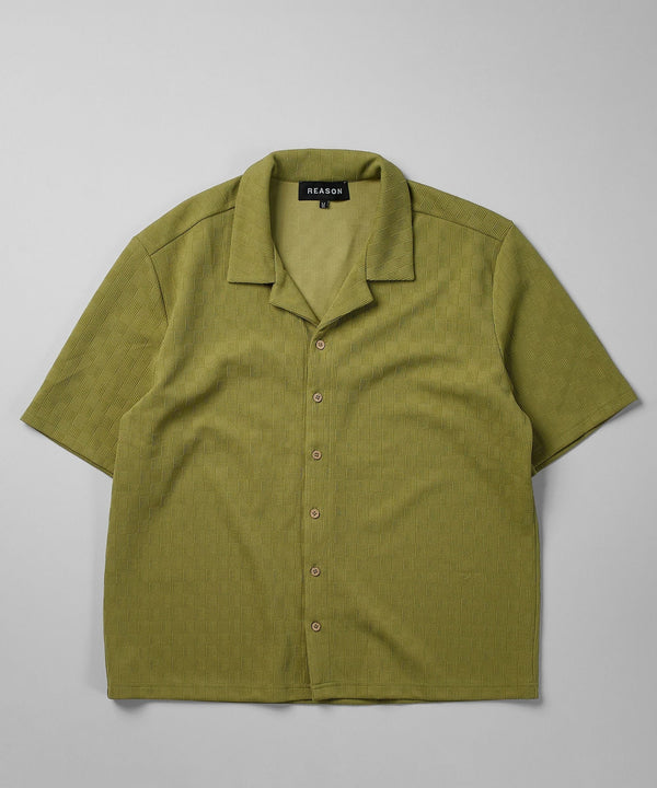 forever 21 Jacquard Textured Knit Short Sleeve Button Down Shirt - Olive Green