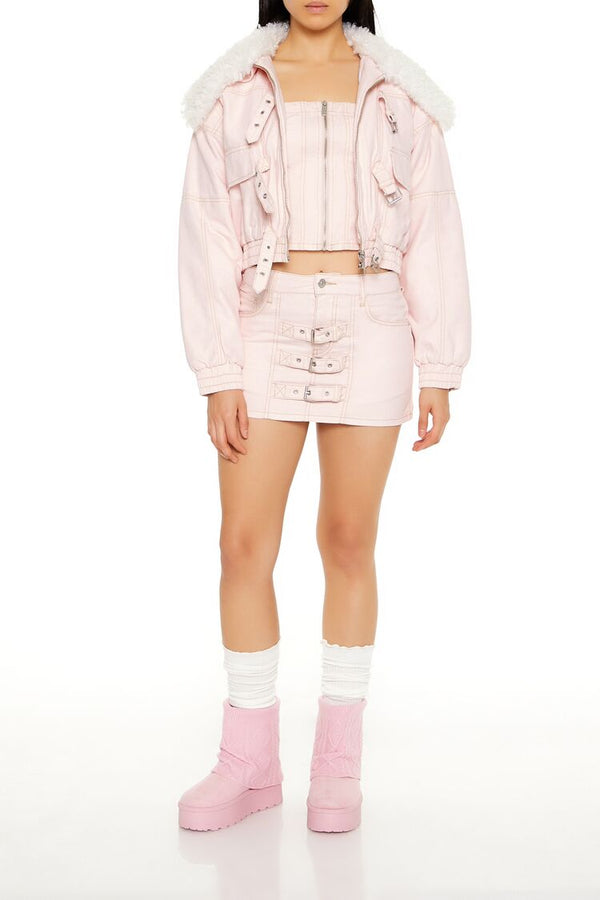 Forever 21 Strappy Faux Fur-Trim Denim Bomber Jacket