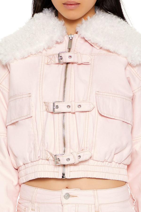 Forever 21 Strappy Faux Fur-Trim Denim Bomber Jacket