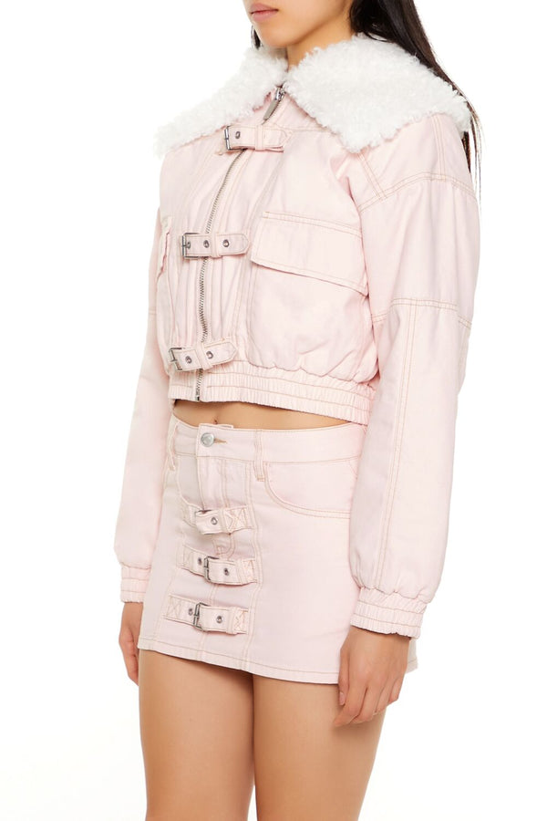 Forever 21 Strappy Faux Fur-Trim Denim Bomber Jacket