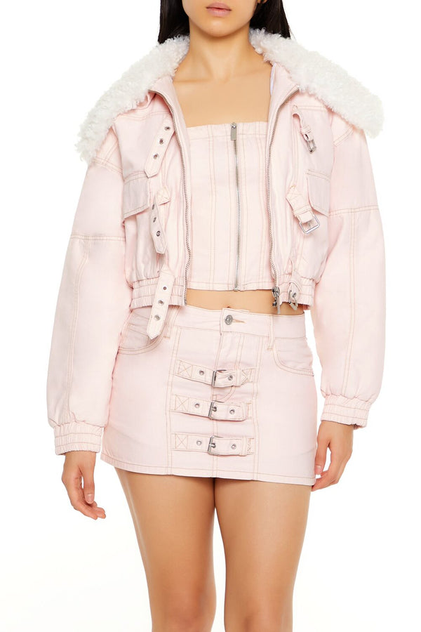 forever 21 Strappy Faux Fur-Trim Denim Bomber Jacket