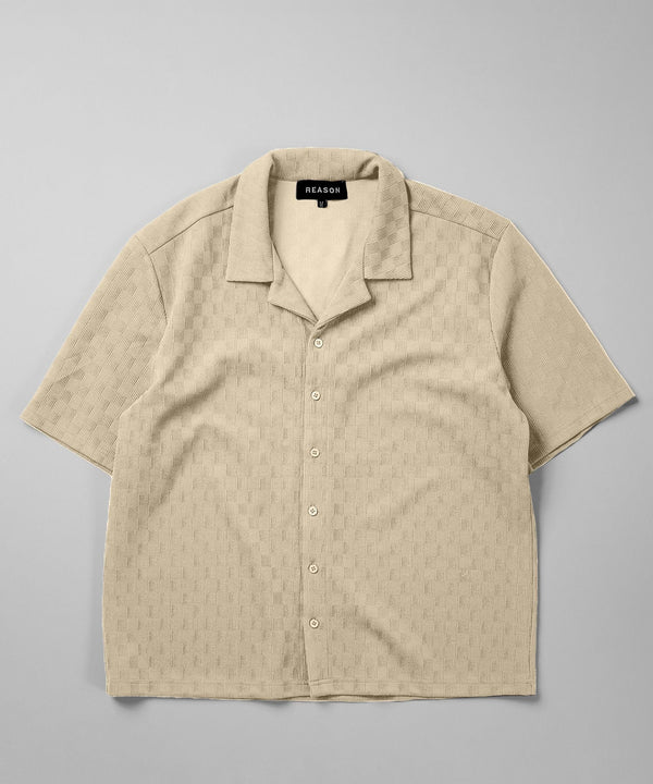 forever 21 Textured Knit Short Sleeve Button Down Shirt - Beige