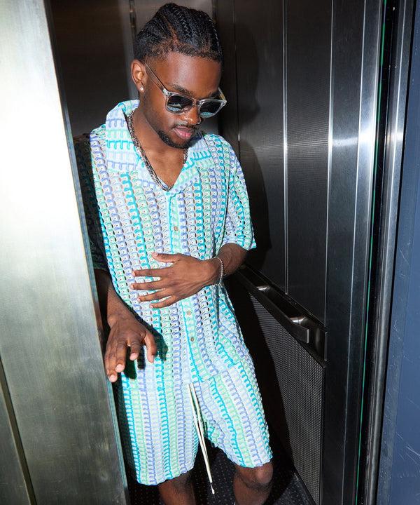 Forever 21 Textured Knit Short Sleeve Button Down Shirt - Light Blue