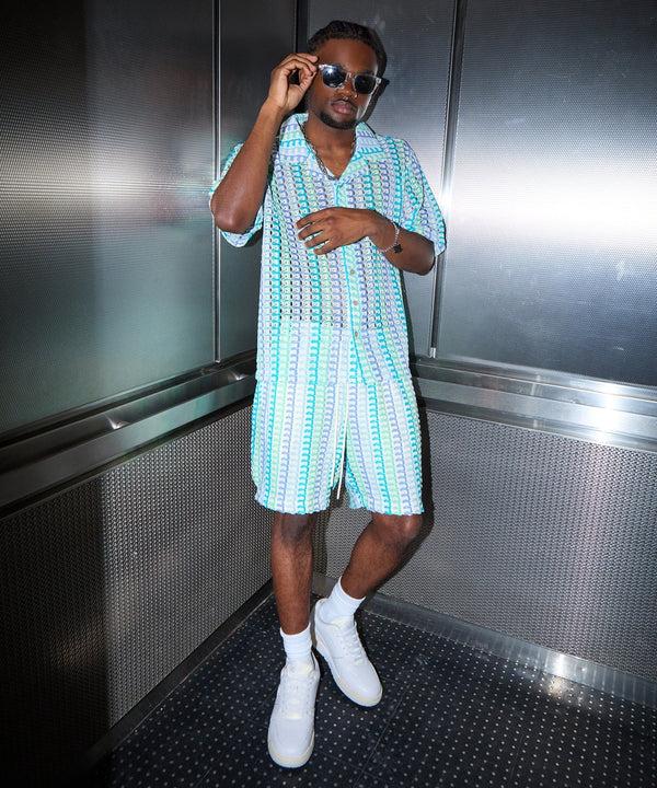 Forever 21 Textured Knit Short Sleeve Button Down Shirt - Light Blue