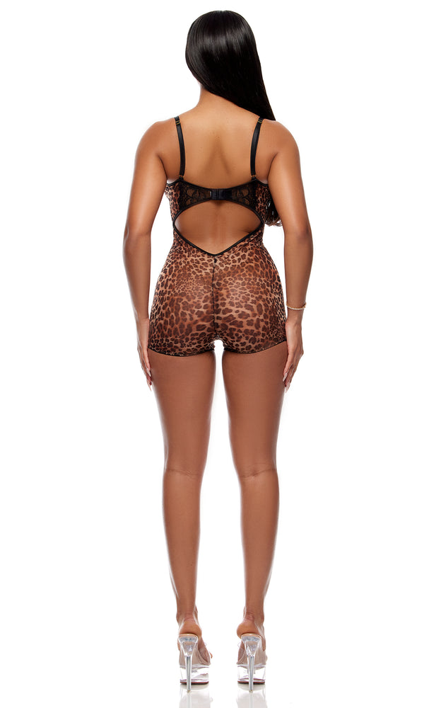 Forplay Animal Instincts Sheer Mesh Romper - Leopard Leopard