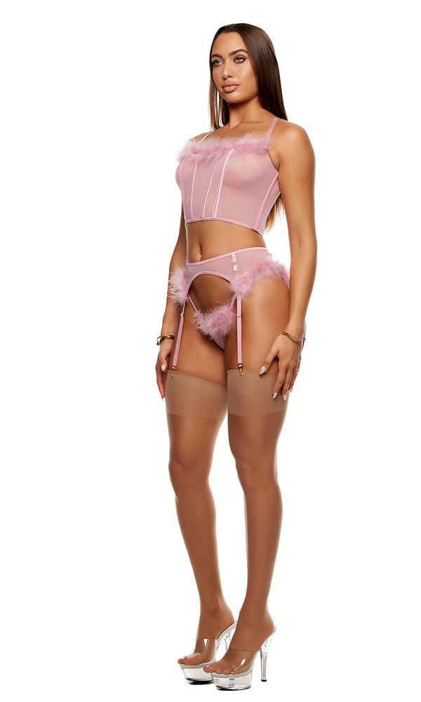 Forplay Bare It All Mesh Marabou Bra And Garter Belt Lingerie Set - Mauve Mauve