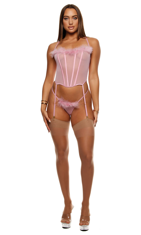 Forplay Bare It All Mesh Marabou Bustier Lingerie Set - Mauve Mauve