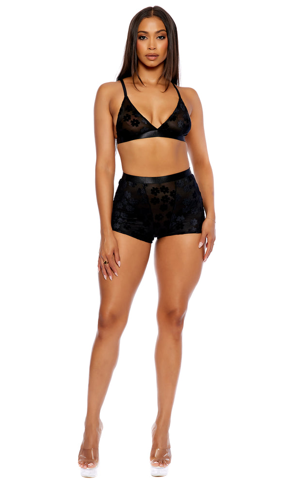 forplay Bed of Daisies Mesh Bralette Lingerie Set - Black Black