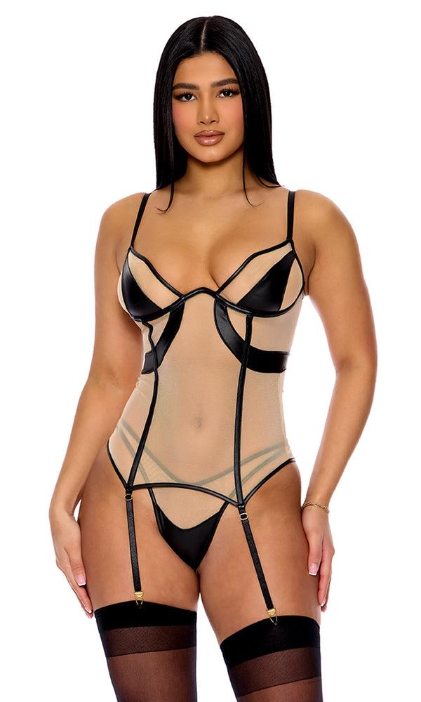 forplay Catch My Wave Mesh Bustier Lingerie Set Black