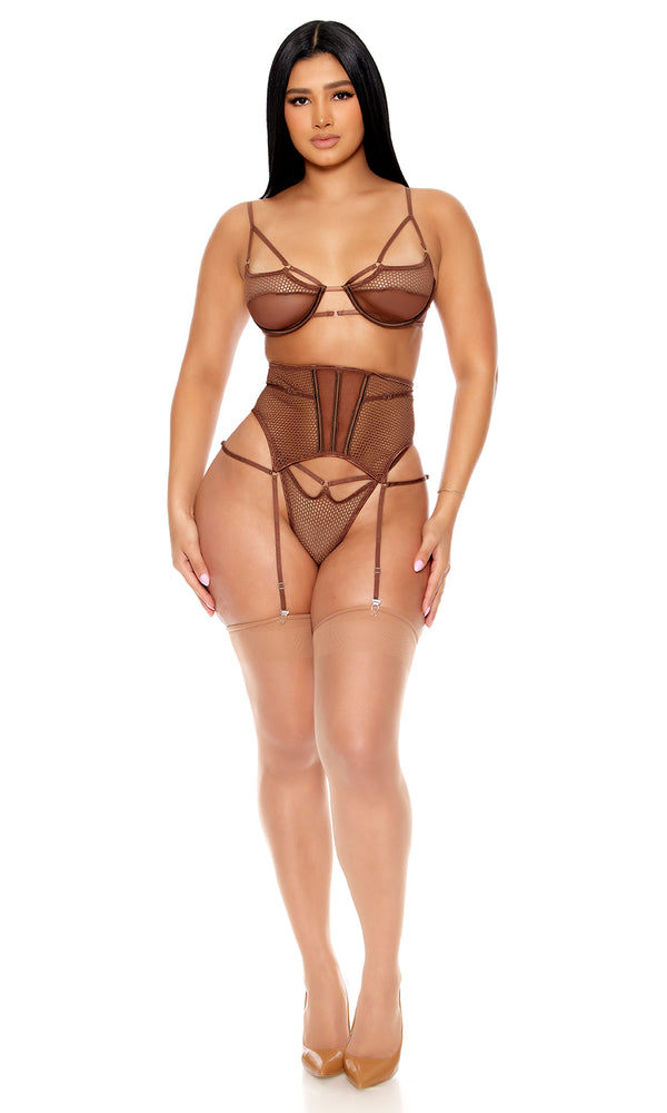 Forplay Caught Up O-Net Bra And Waist Cincher Lingerie Set Brown