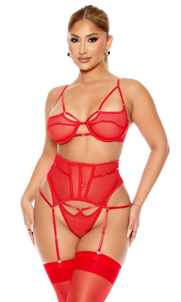 forplay Caught Up O-Net Bra and Waist Cincher Lingerie Set Red
