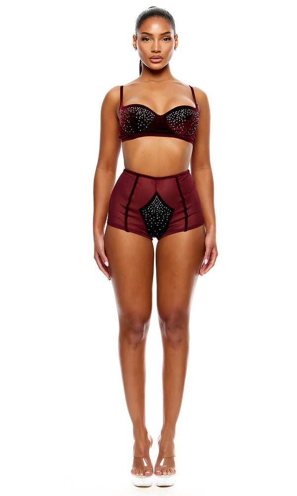 forplay Caught Your Eye Velvet Rhinestone Bra and Briefs Lingerie Set - Wine Wine