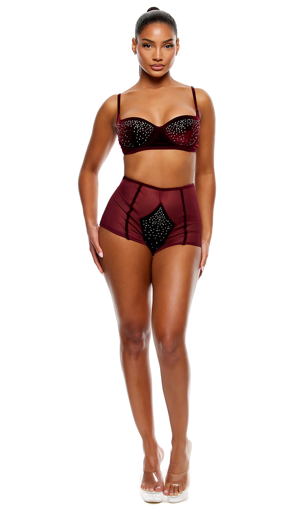 Forplay Caught Your Eye Velvet Rhinestone Bra And Briefs Lingerie Set - Wine Wine
