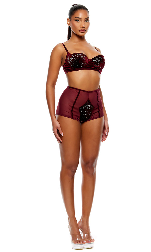 Forplay Caught Your Eye Velvet Rhinestone Bra And Briefs Lingerie Set - Wine Wine