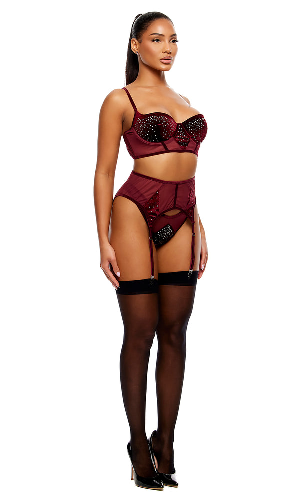 Forplay Caught Your Eye Velvet Rhinestone Longline Bra Lingerie Set - Wine Wine