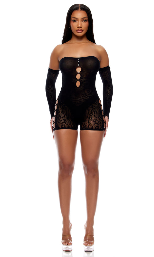 forplay Cross your Mind Romper Bodystocking Lingerie Set - Black Black