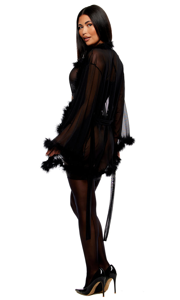 Forplay Bare It All Mesh Marabou Robe - Black Black