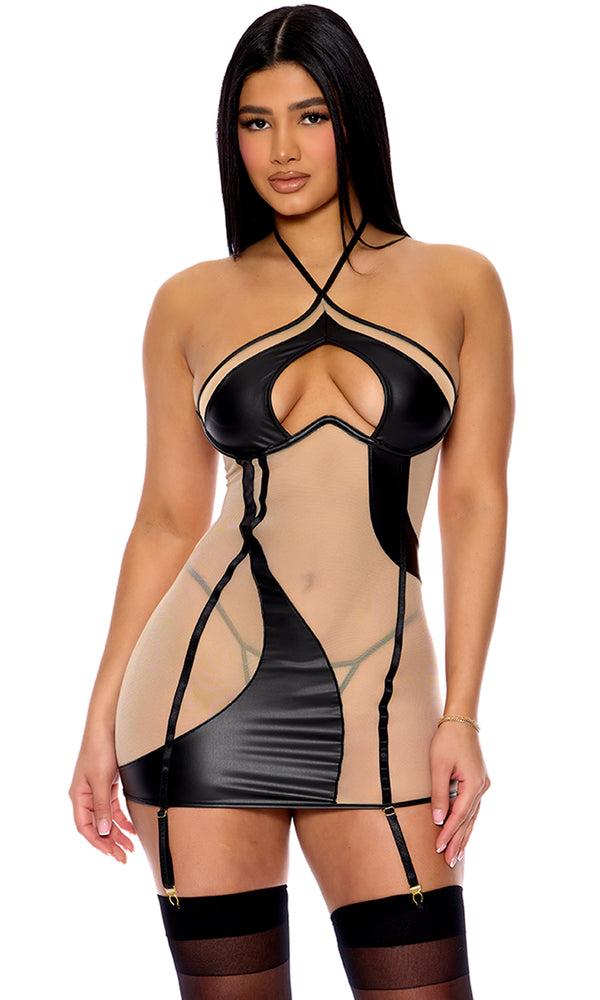forplay Catch My Wave Mesh Chemise Set Black