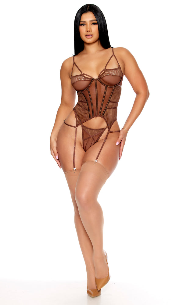 Forplay Caught Up O-Net Bustier Lingerie Set Brown