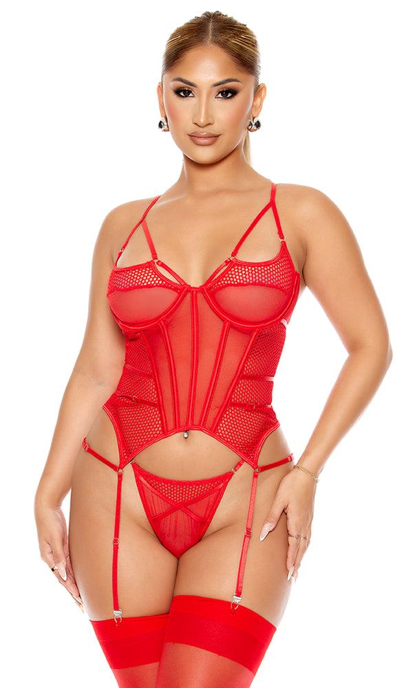 forplay Caught Up O-Net Bustier Lingerie Set Red