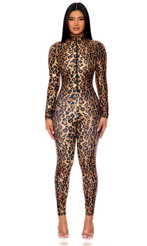 Forplay Leopard Zipfront Jumpsuit Brown