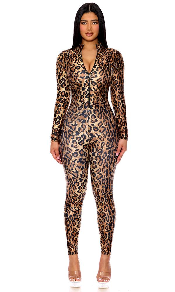 Forplay Leopard Zipfront Jumpsuit Brown