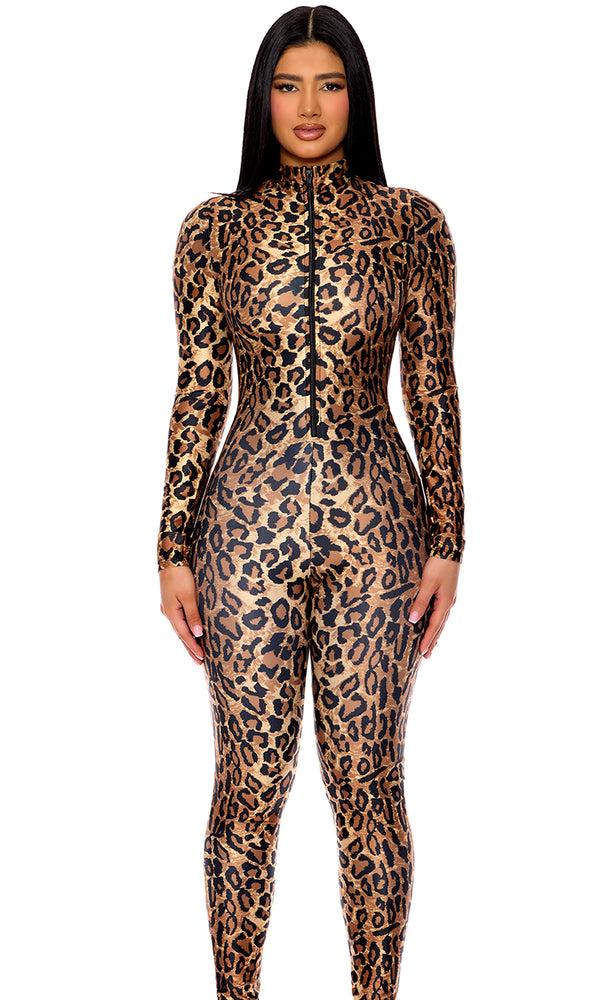 forplay Leopard Zipfront Jumpsuit Brown