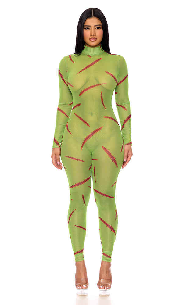 forplay Mesh Monster Jumpsuit Green