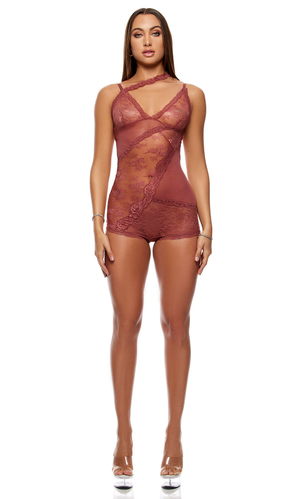 Forplay Patch Of Petals Lace Romper - Spice Spice