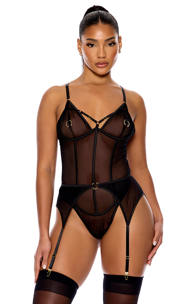 forplay Piercing Desire Mesh Teddy Set Black