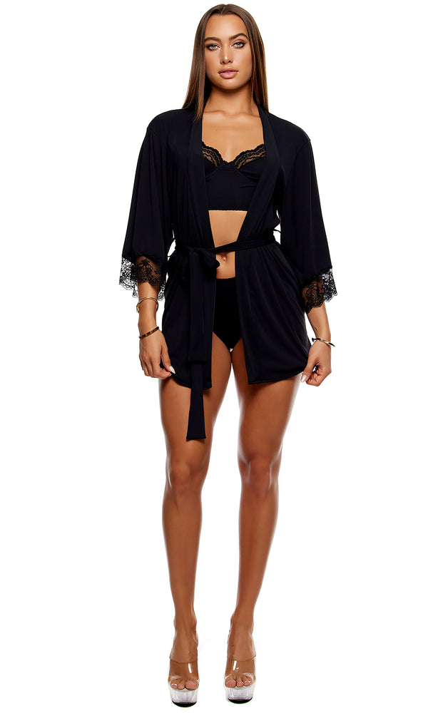 Forplay Self Care Ribbed Lace Robe - Black Black
