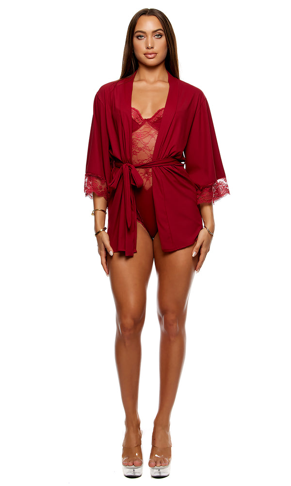 forplay Self Care Ribbed Lace Robe - Wine Wine