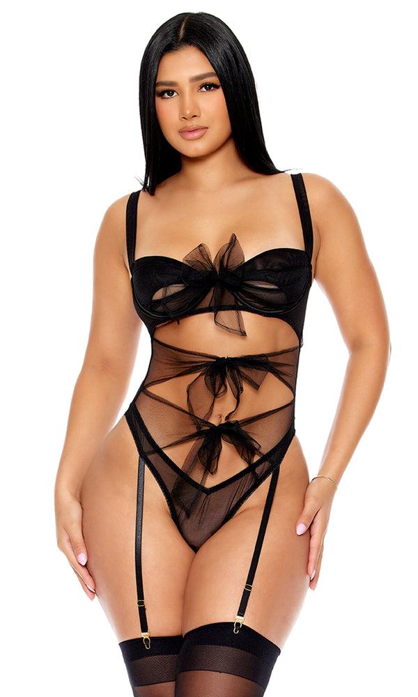 forplay Unwrap Me Mesh Bow Cutout Teddy Black