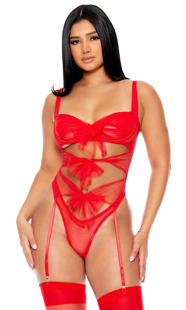 forplay Unwrap Me Mesh Bow Cutout Teddy Red