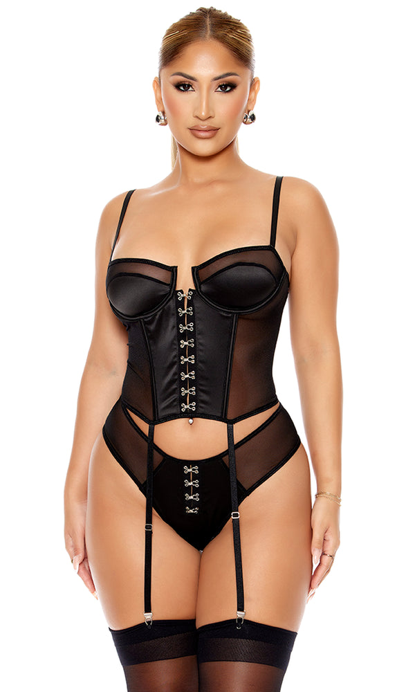 forplay Got Him Hooked Satin and Mesh Bustier Lingerie Set Black