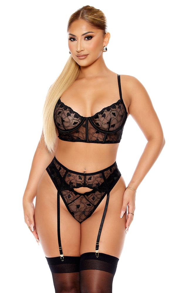 forplay Heart You Embroidered Bra and Garter Belt Lingerie Set Black