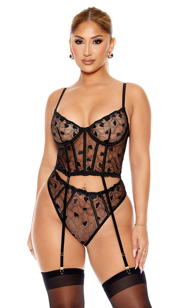 forplay Heart You Embroidered Longline Bra Lingerie Set Black
