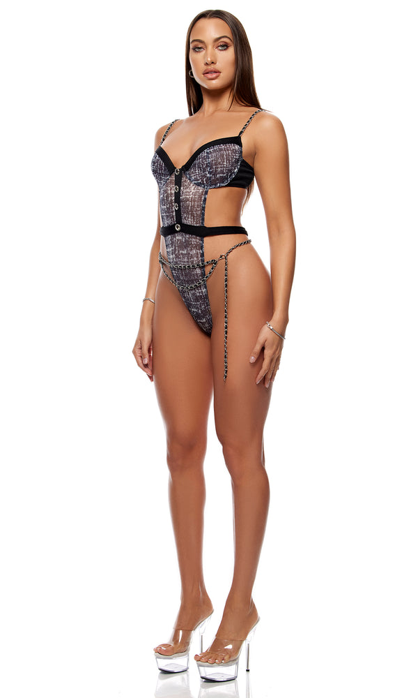 Forplay Keep It Classy Mesh Teddy Lingerie Set - Black White Black White