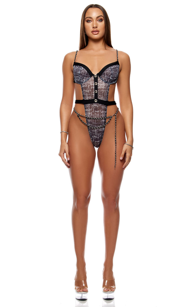 Forplay Keep It Classy Mesh Teddy Lingerie Set - Black White Black White