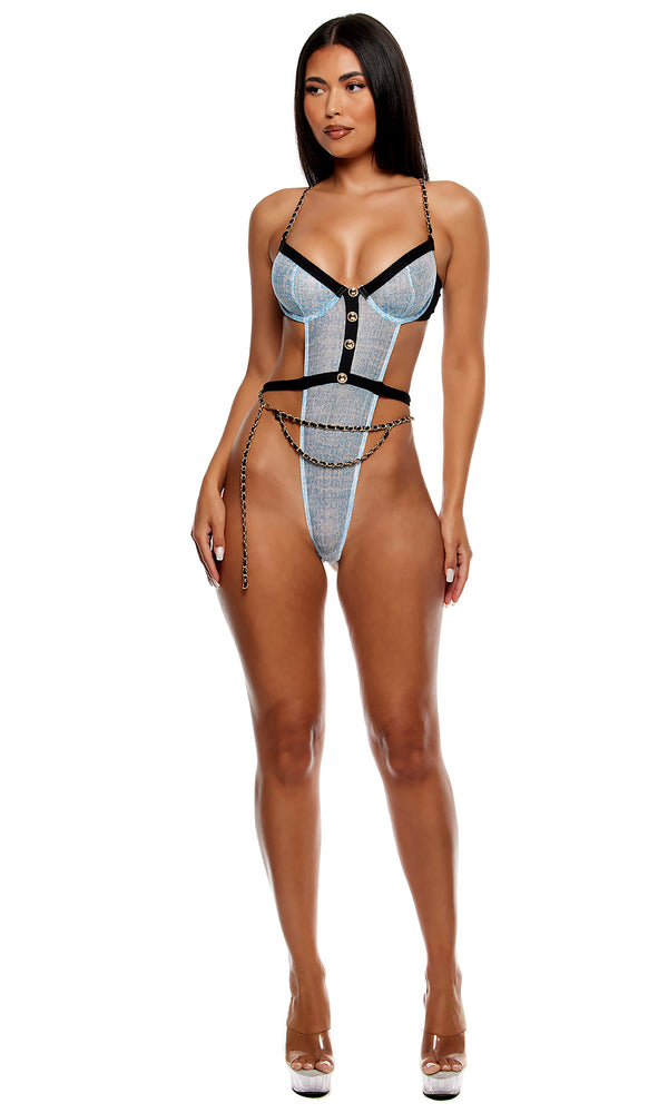 Forplay Keep It Classy Mesh Teddy Lingerie Set - Ice Blue Ice Blue