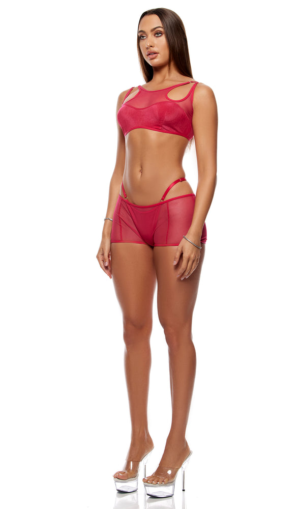Forplay Layers To This Mesh And Knit Bra Top And Briefs Lingerie Set - Pink Pink