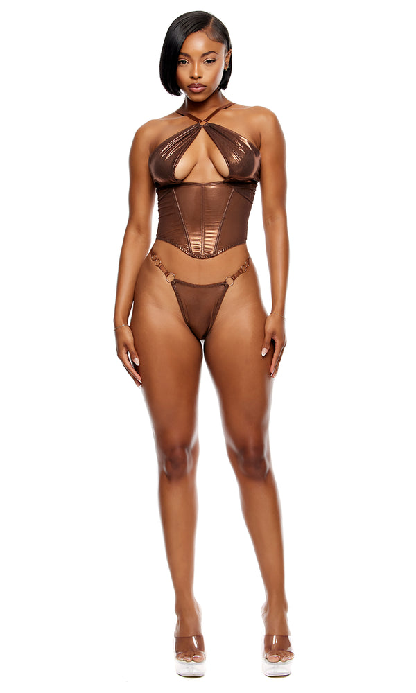 forplay Liquid Metal Metallic Mesh Bustier Lingerie Set - Copper Copper