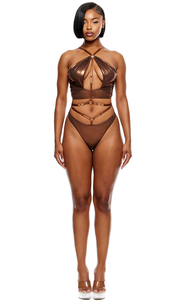 Forplay Liquid Metal Metallic Mesh Halterneck Bra Lingerie Set - Copper Copper
