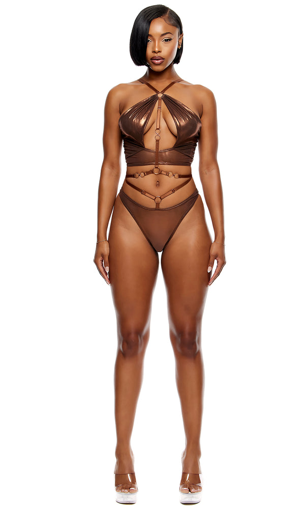 forplay Liquid Metal Metallic Mesh Halterneck Bra Lingerie Set - Copper Copper