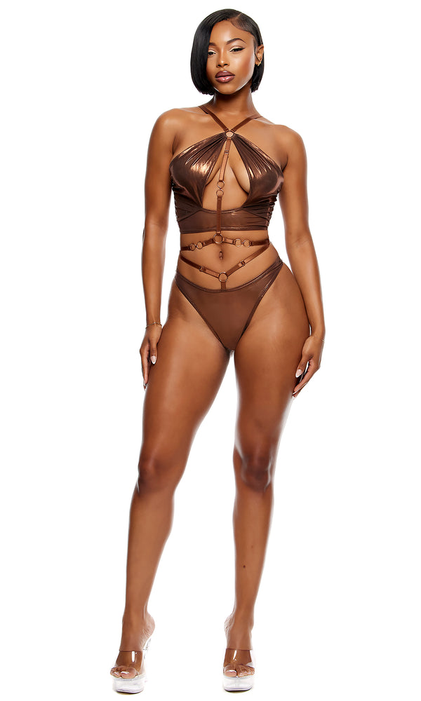 Forplay Liquid Metal Metallic Mesh Halterneck Bra Lingerie Set - Copper Copper
