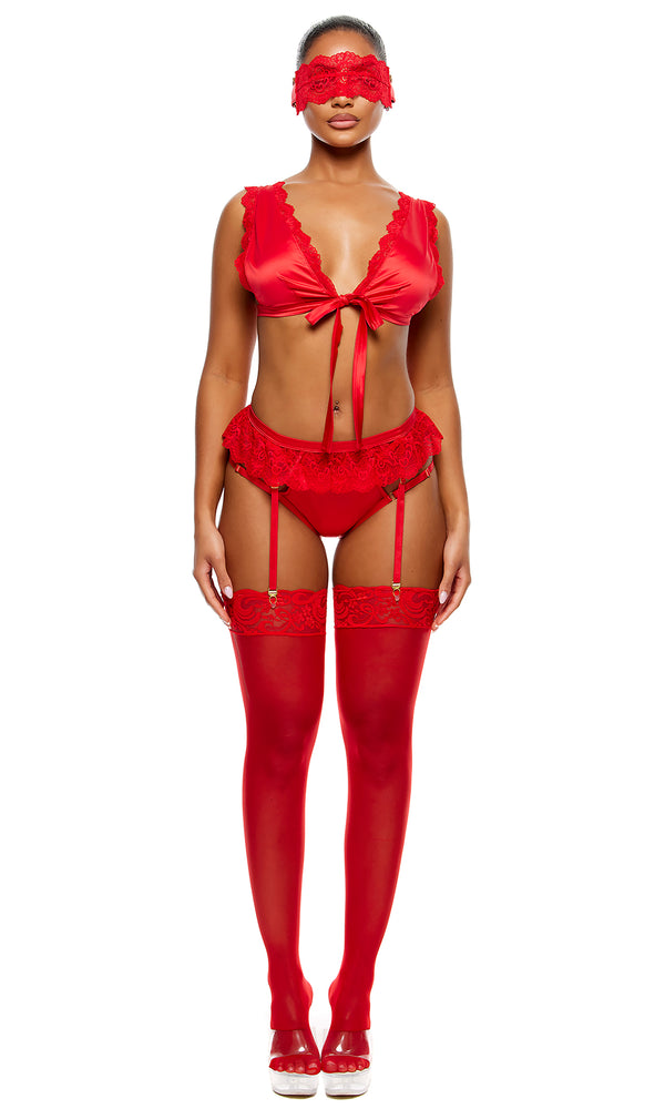 Forplay No Strings Attached Satin And Mesh Lace Trim Bra And Garter Belt Lingerie Set - Red Red